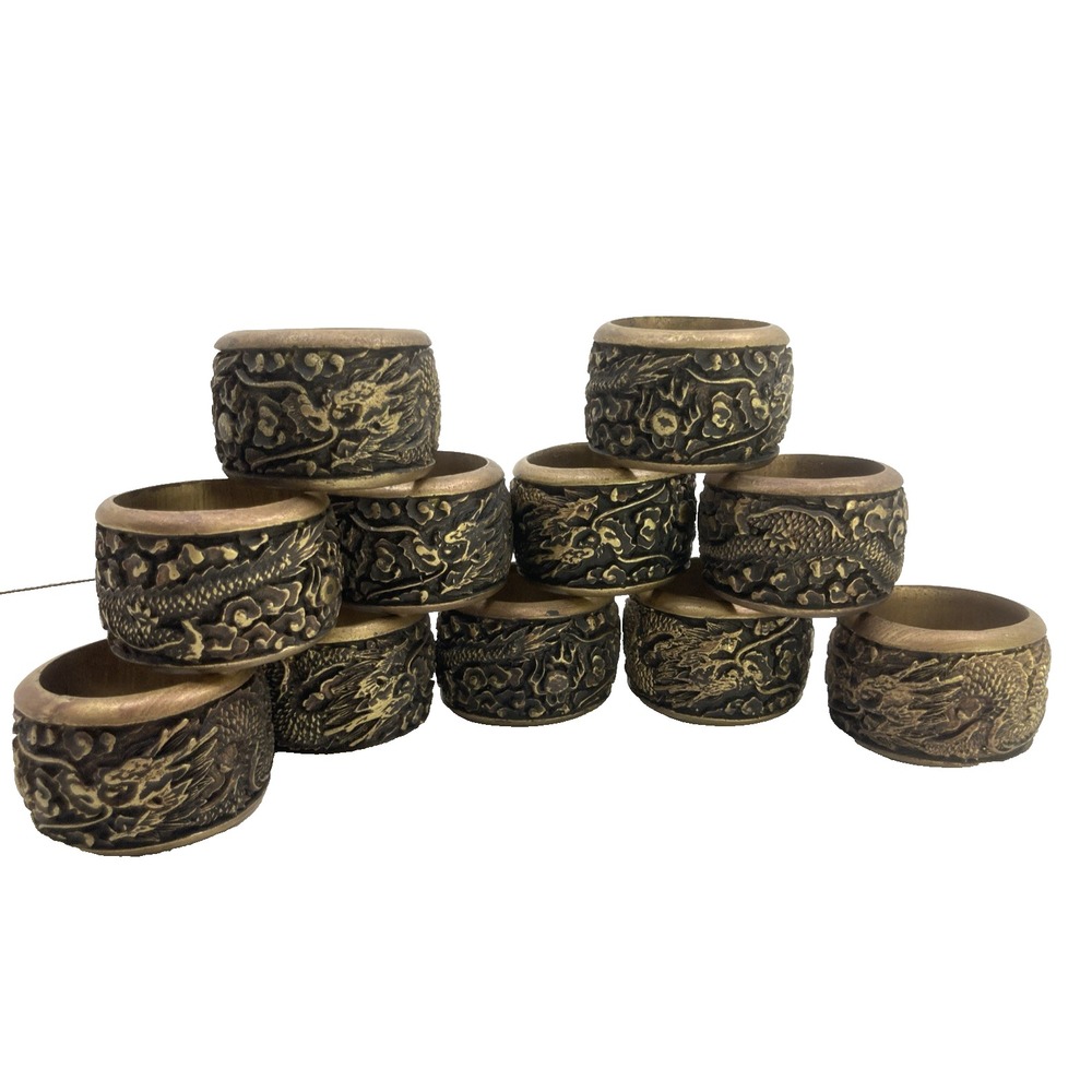 Antique-Style Gold and Black Dragon Napkin Rings - Set of 12
